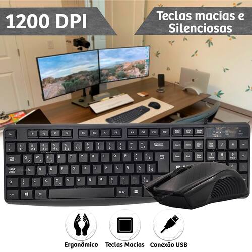 Kit Teclado E Mouse Com Fio Anatomico Teclas Silenciosas USB