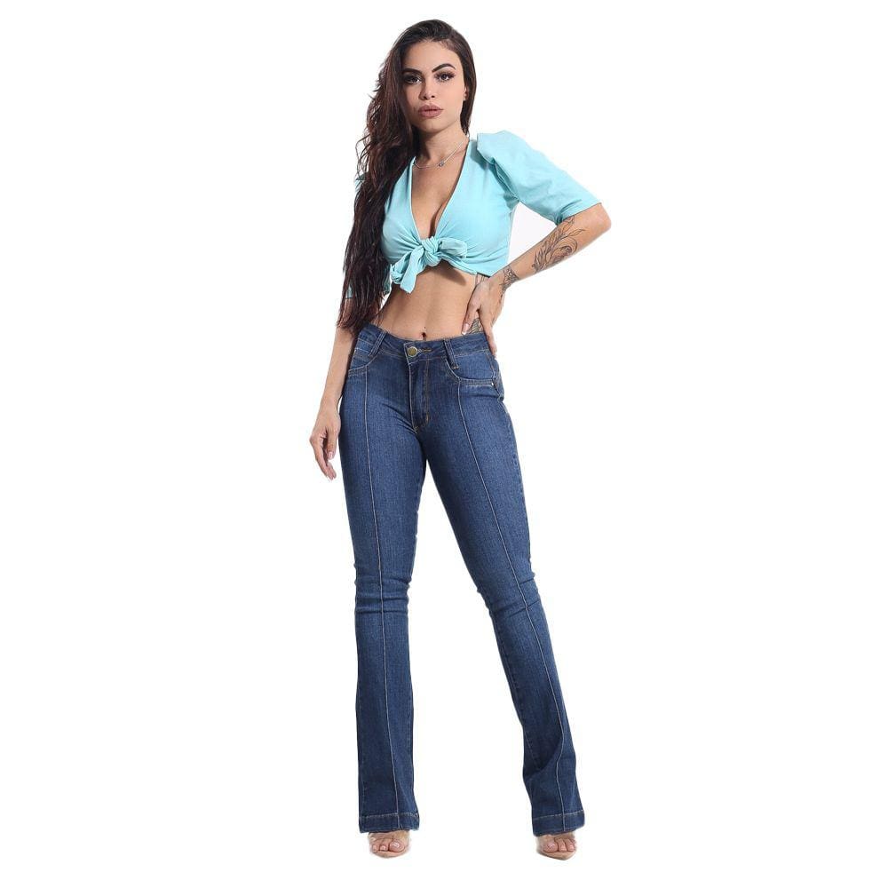 Calça Flare Feminina Com Nervura Jeans Com Licra Cintura Alta 14