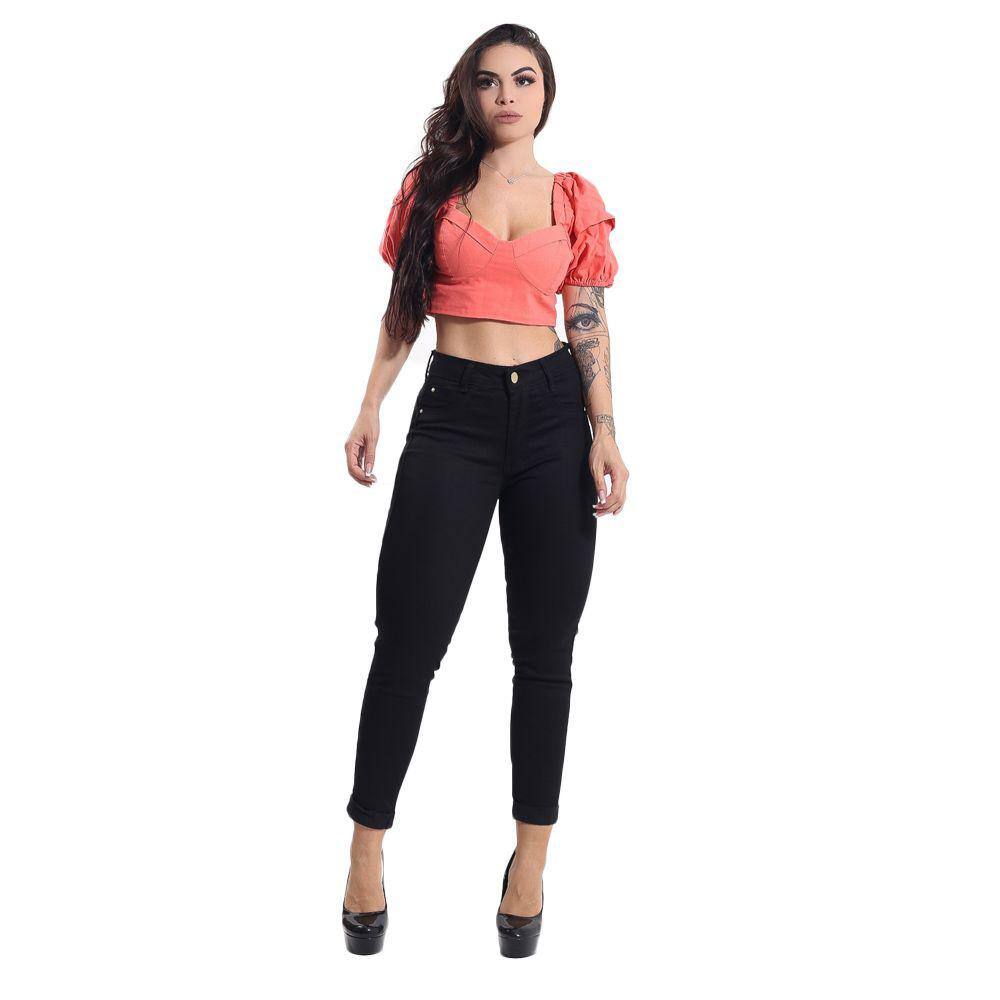 Calça Capri Feminina Jeans Com Licra Cintura Alta Preta Liso 25