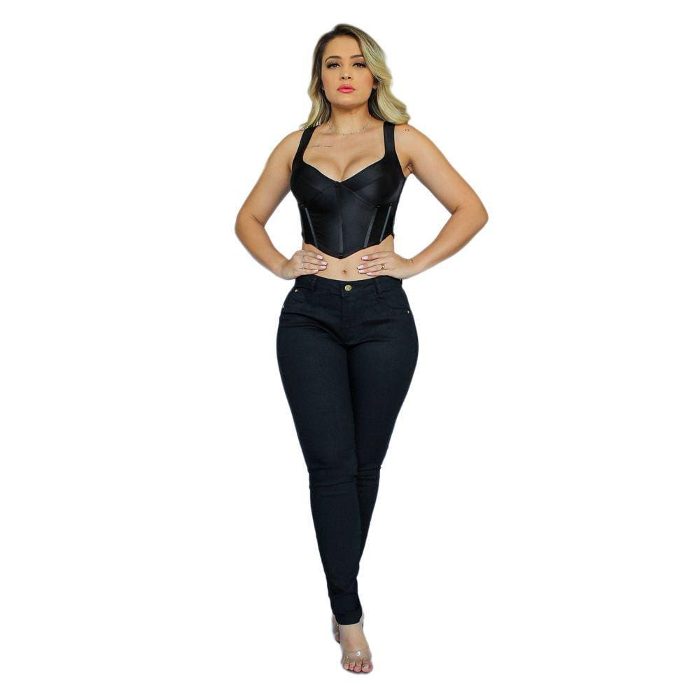 Calça Skinny Feminina Jeans Com Licra Cintura Alta Preta Lisa 9
