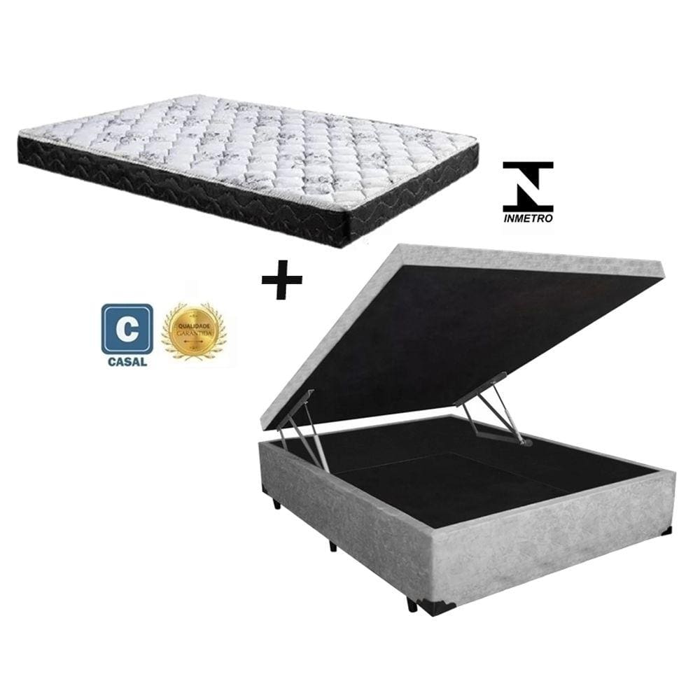 Cama Box Baú Casal Green Cinza Suede + Colchão Espuma D33 138x188x14