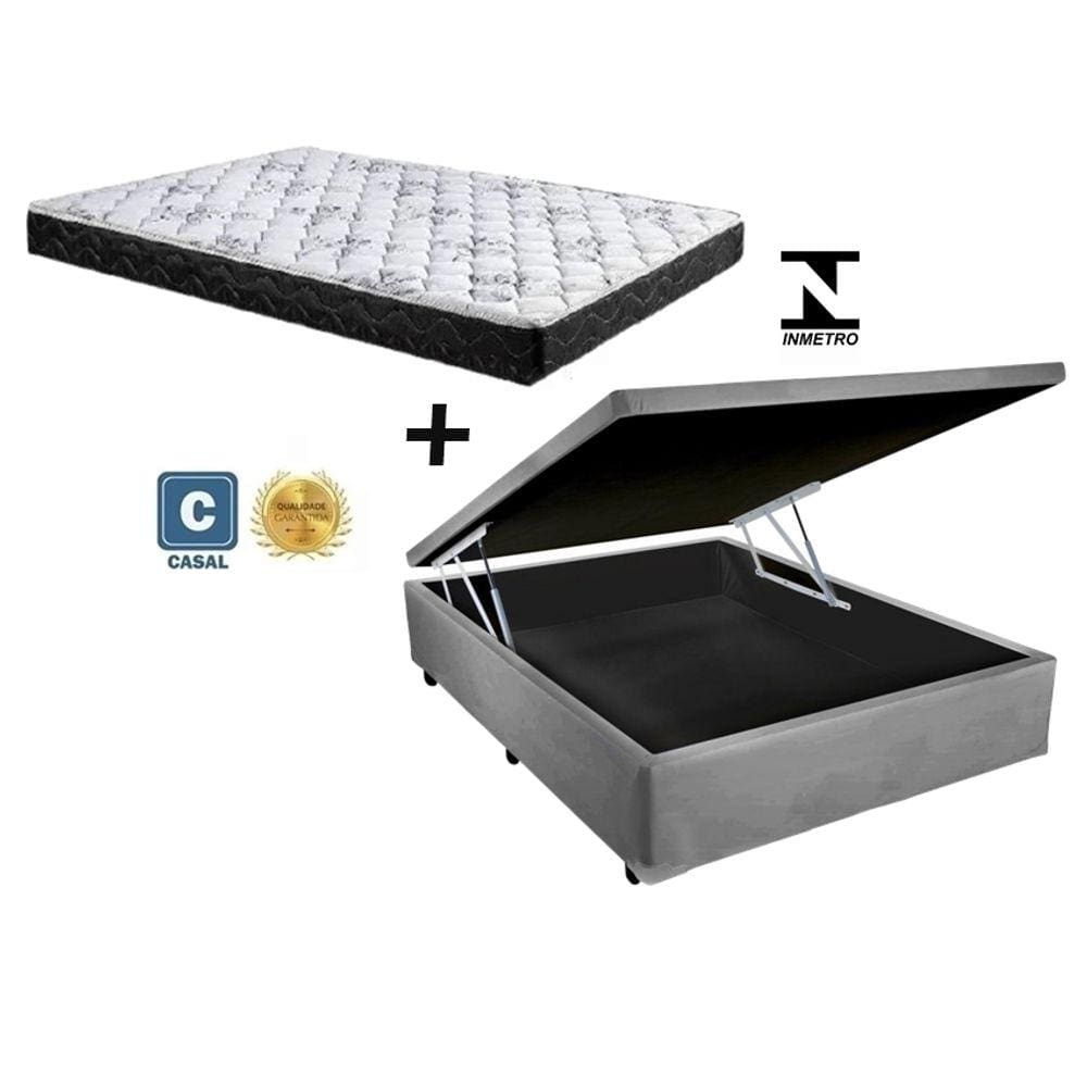 Cama Box Baú Casal Green Cinza + Colchão Espuma D28 138x188x8