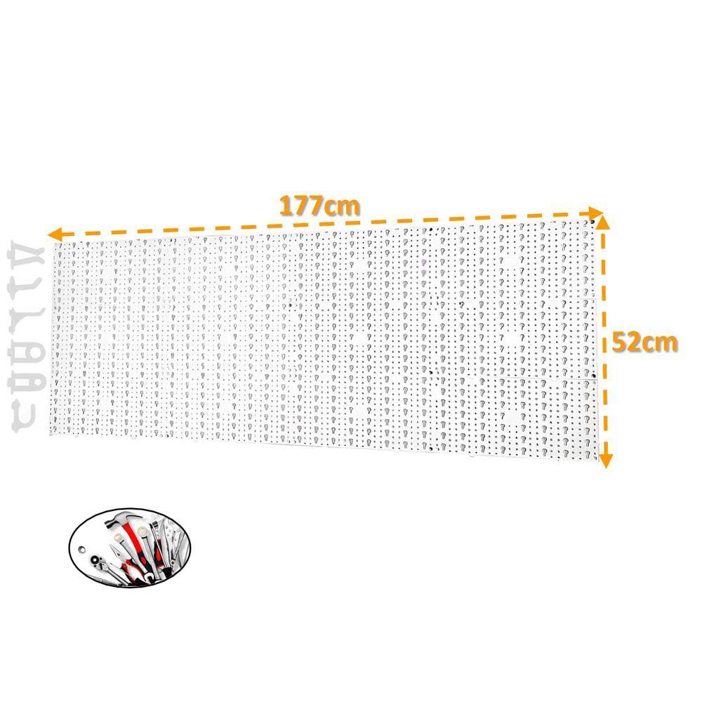 Painel Expositor De Ferramentas Modular 177cm x 52cm Em Plástico Perfurado Com 72 Ganchos Parede Branco - AMZ