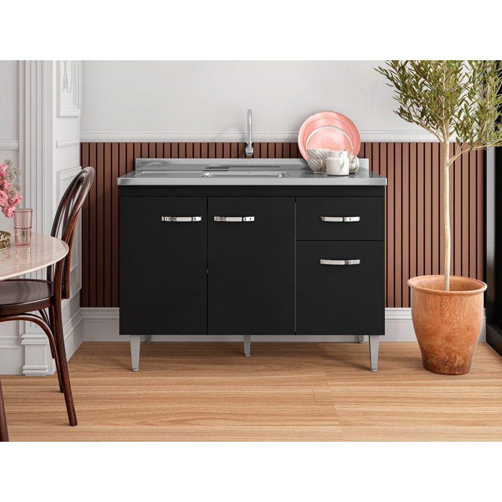 Balcão Gabinete de Pia Gabriela 120cm Preto S/Tampo - AJL Móveis