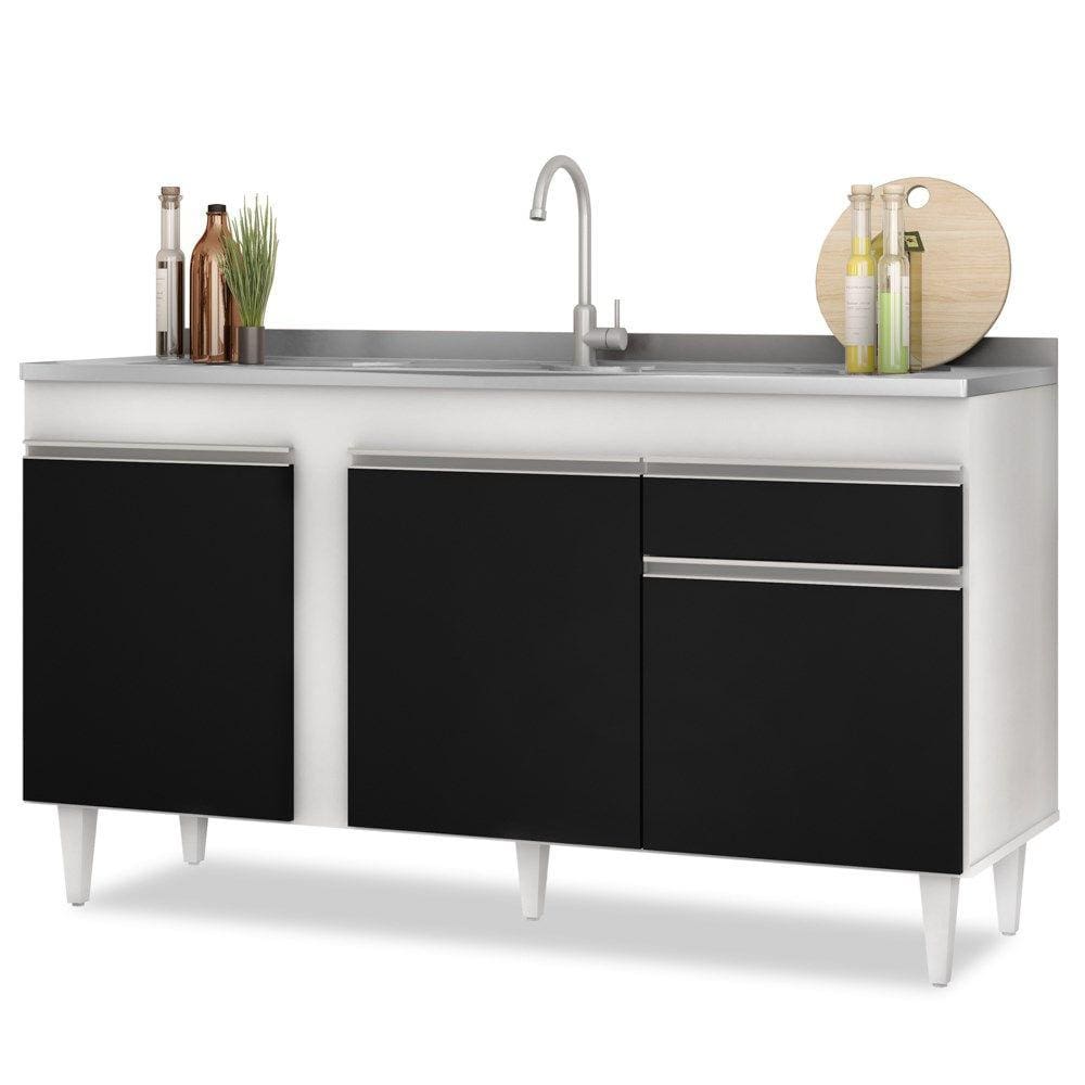 Balcão Gabinete Para Pia 150cm Sem Tampo 3 Portas 1 Gaveta Dakota Branco/Preto - Lumil