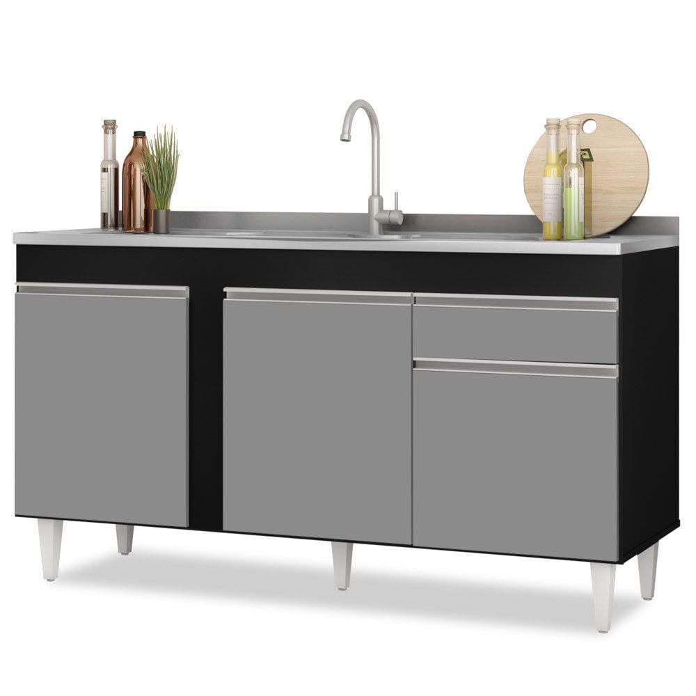 Balcão Gabinete Para Pia 150cm Sem Tampo 3 Portas 1 Gaveta Dakota Preto/Cinza - Lumil