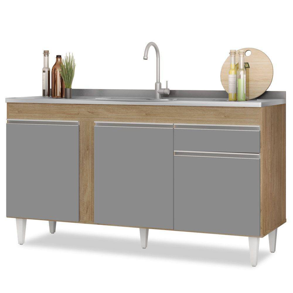 Balcão Gabinete Para Pia 150cm Sem Tampo 3 Portas 1 Gaveta Dakota Castanho/Cinza - Lumil