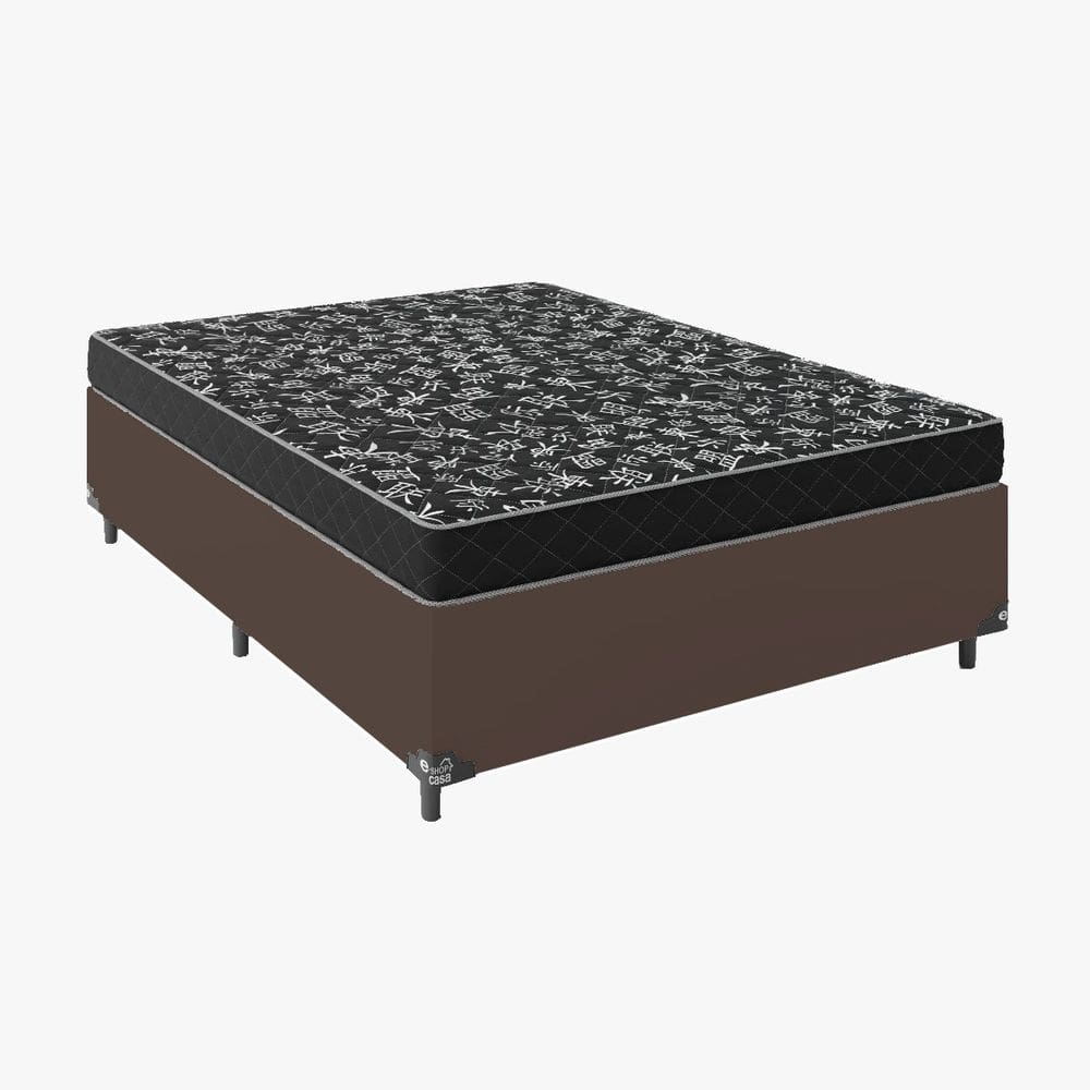 Cama Box Casal Tecido Sintético Marrom com Colchão Espuma D20 - Tampo Preto 12cm