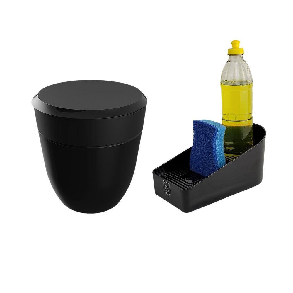 Kit Cozinha Lixeira 2,5L Organizador De Pia Porta Detergente Esponja Preto - Crippa