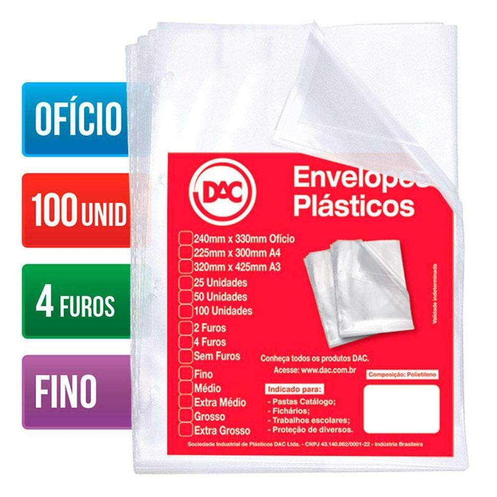 Envelope plástico ofício 0.06 4 furos 5070 Pct 100 unid Dac