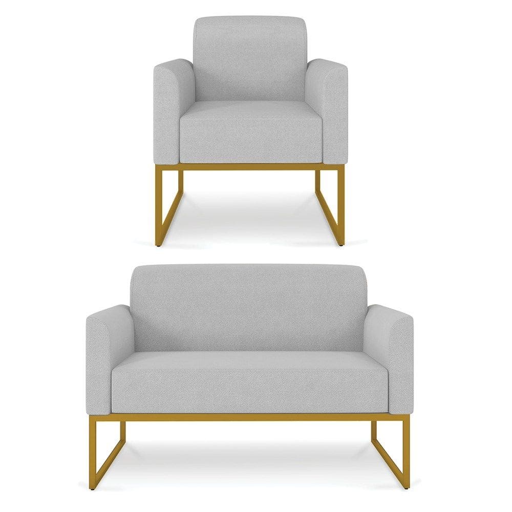 Kit Namoradeira e 1 Poltrona Decorativa Base Industrial Dourada Maressa A05 Linho Cinza Claro - Ibiza