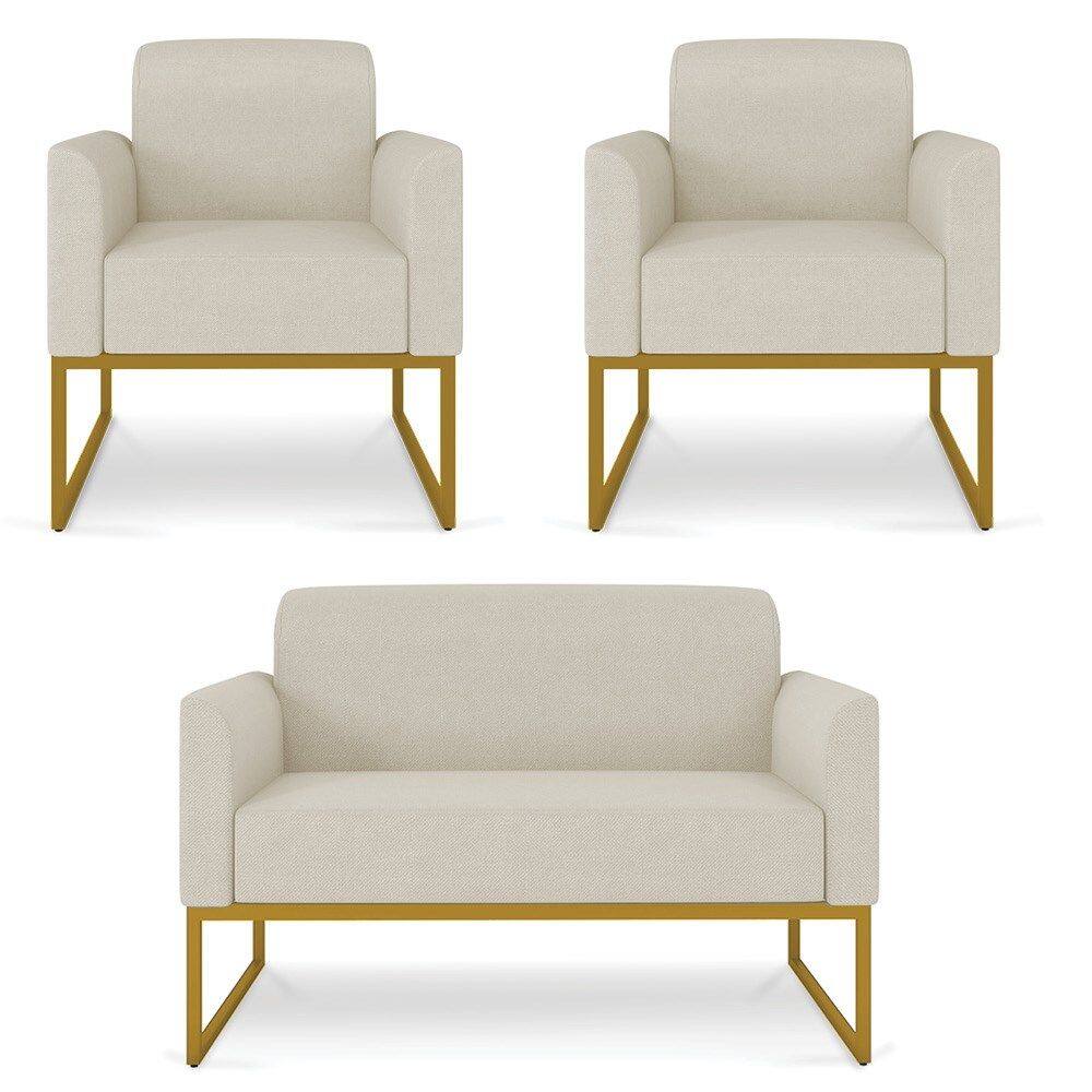 Kit Namoradeira e 2 Poltronas Decorativas Base Industrial Dourada Maressa A19 Linho Grosso Bege - Ibiza