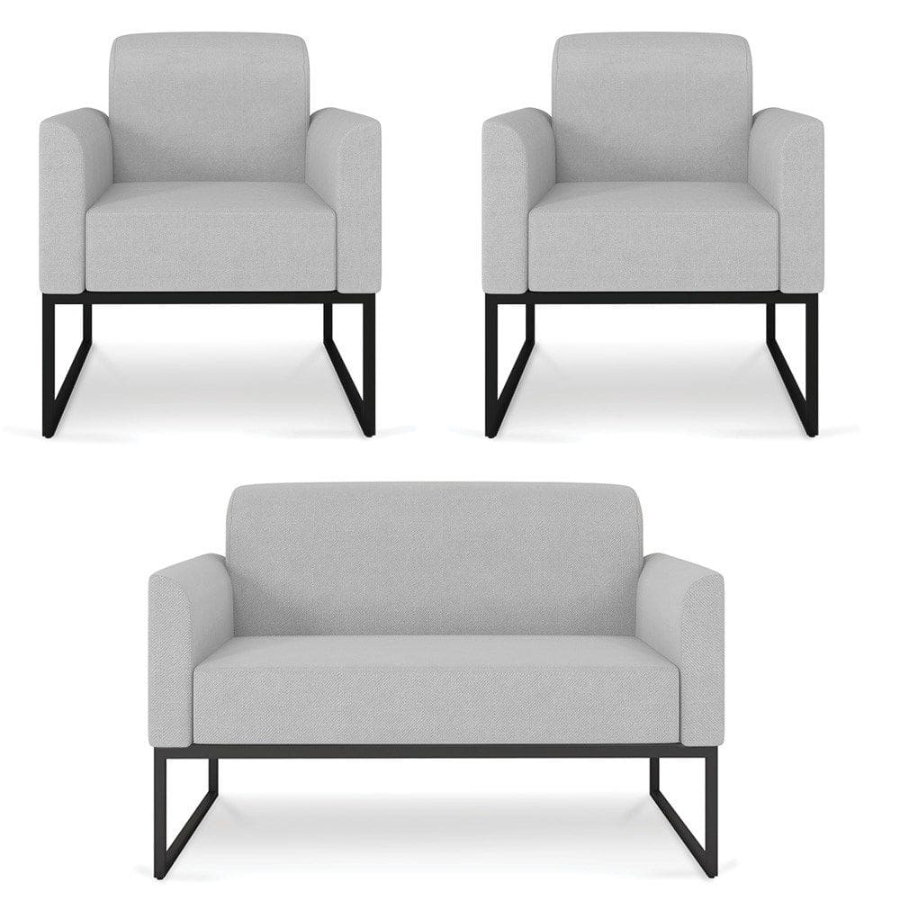 Kit Namoradeira e 2 Poltronas Decorativas Base Industrial Preta Maressa A05 Linho Cinza Claro - Ibiza
