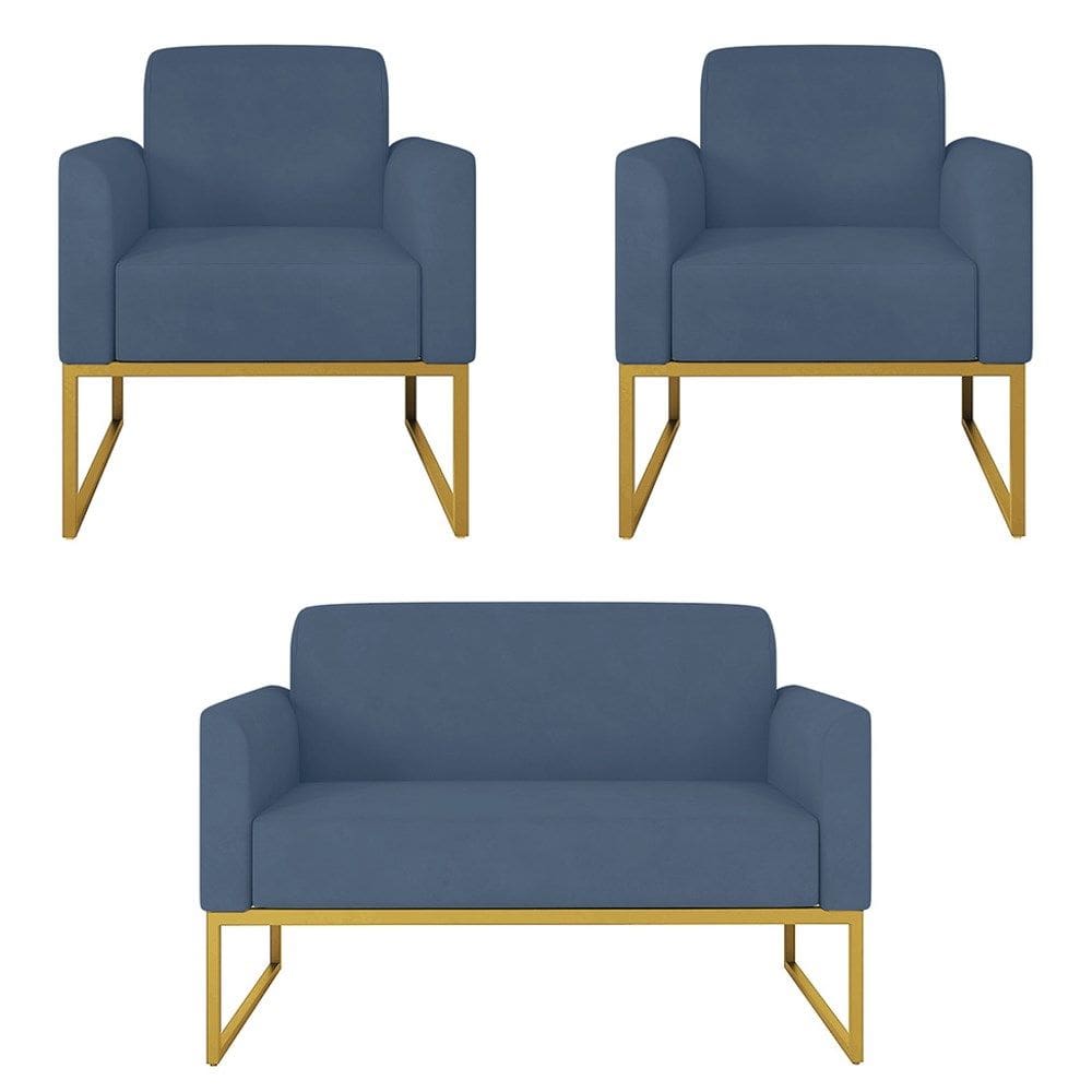 Kit Namoradeira e 2 Poltronas Decorativas Base Industrial Dourada Maressa S04 Suede Azul Marinho - Ibiza