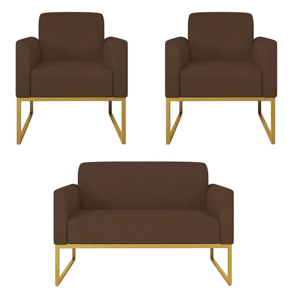 Kit Namoradeira e 2 Poltronas Decorativas Base Industrial Dourada Maressa S06 Suede Marrom - Ibiza