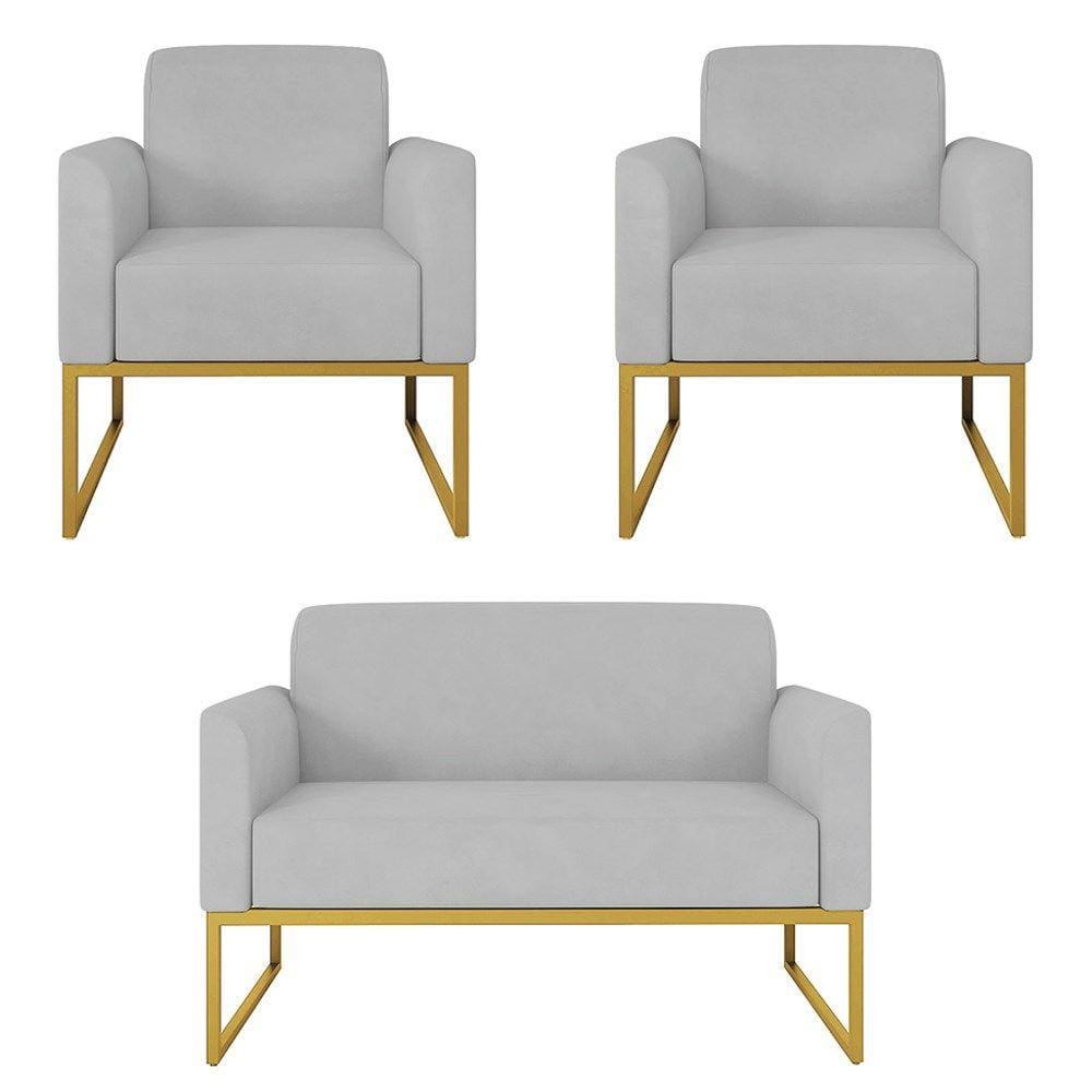 Kit Namoradeira e 2 Poltronas Decorativas Base Industrial Dourada Maressa S10 Suede Cinza - Ibiza