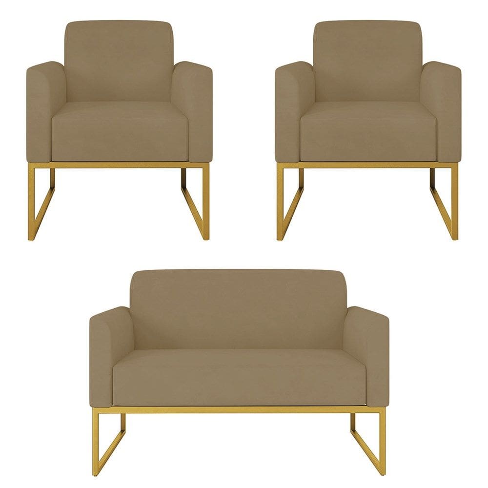 Kit Namoradeira e 2 Poltronas Decorativas Base Industrial Dourada Maressa S12 Suede Marrom Rato - Ibiza