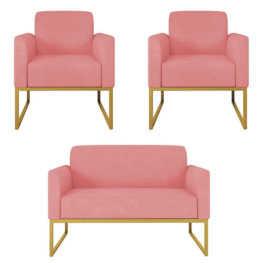 Kit Namoradeira e 2 Poltronas Decorativas Base Industrial Dourada Maressa S17 Suede Rosê - Ibiza
