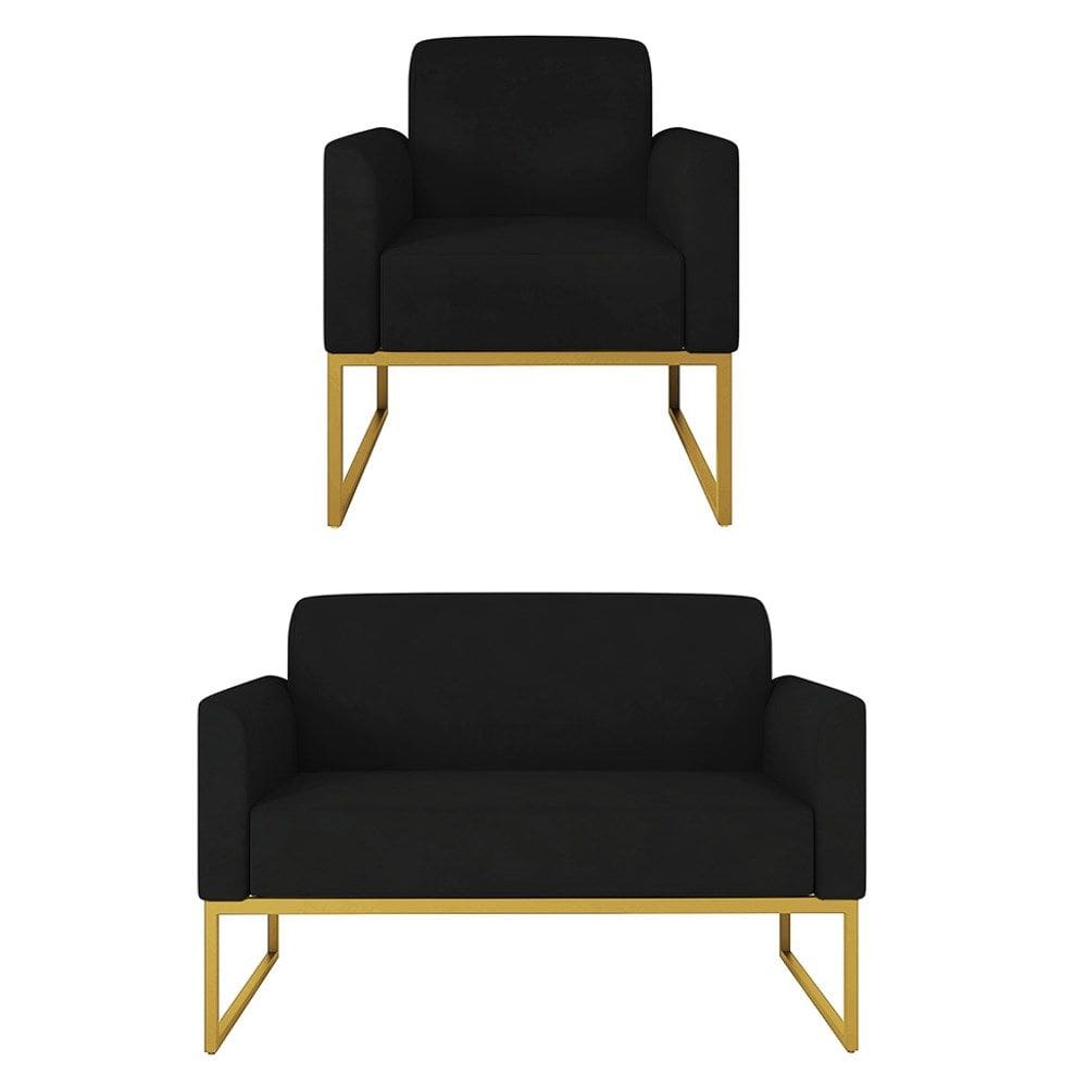 Kit Namoradeira e 1 Poltrona Decorativa Base Industrial Dourada Maressa S07 Suede Preto - Ibiza