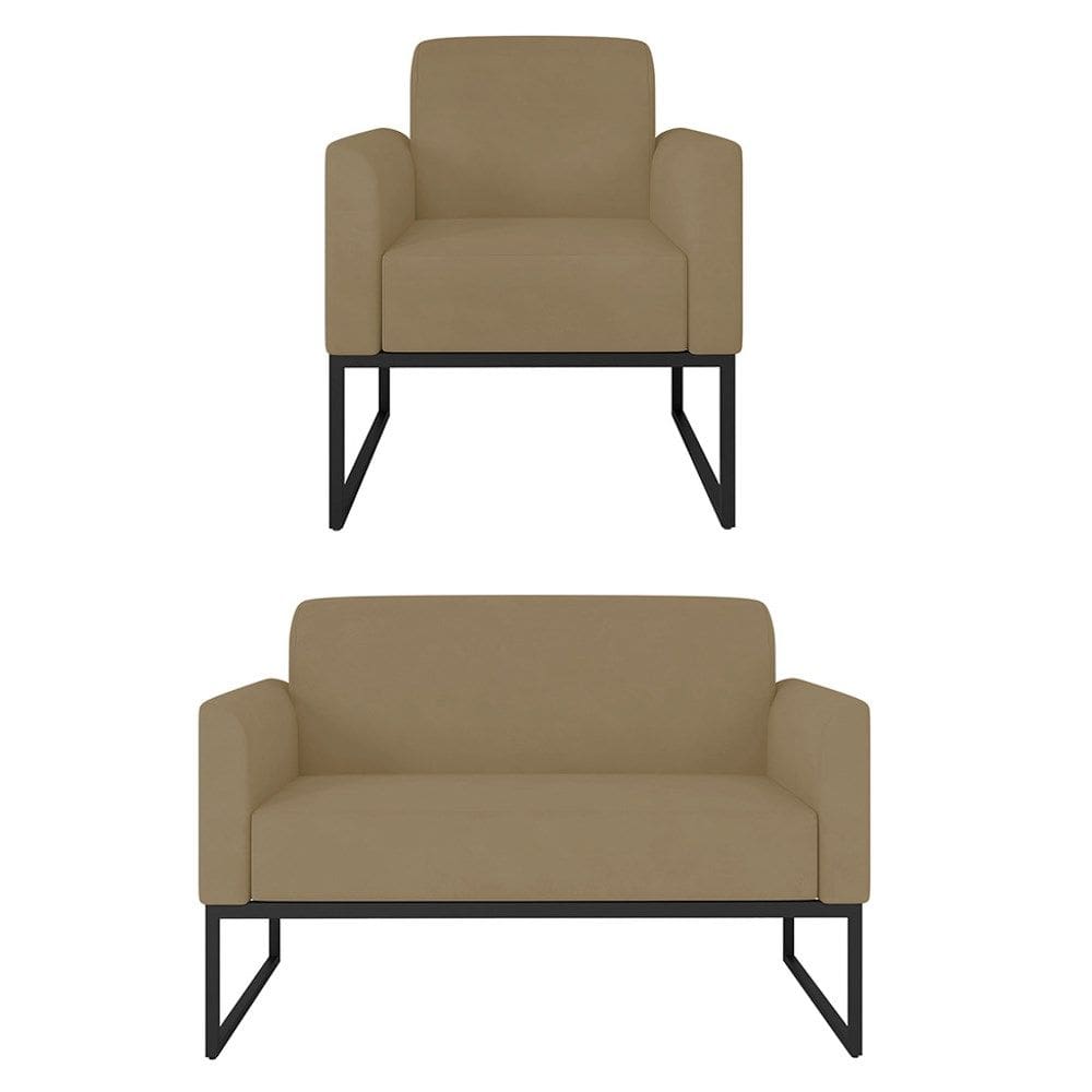 Kit Namoradeira e 1 Poltrona Decorativa Base Industrial Preta Maressa S12 Suede Marrom Rato - Ibiza