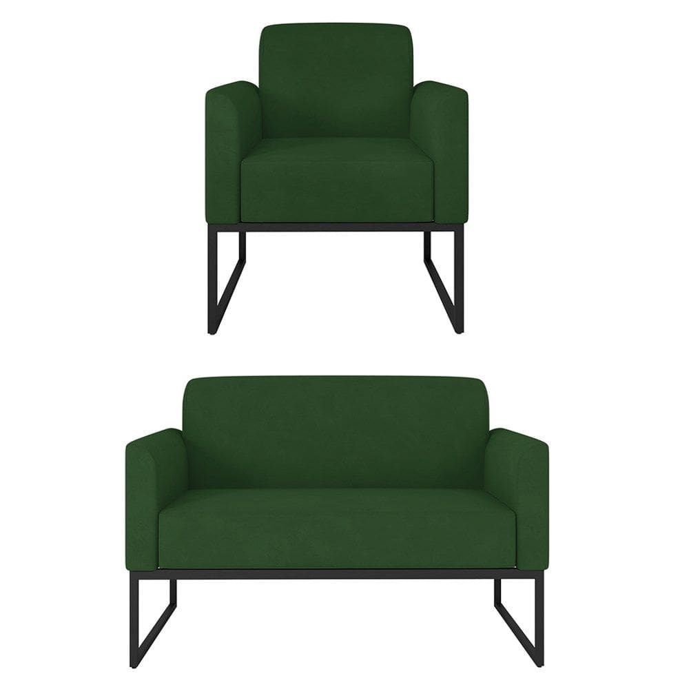 Kit Namoradeira e 1 Poltrona Decorativa Base Industrial Preta Maressa S23 Suede Verde - Ibiza