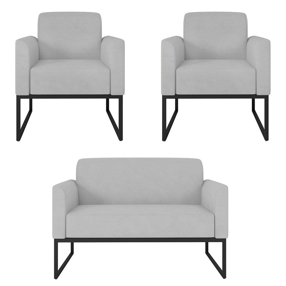 Kit Namoradeira e 2 Poltronas Decorativas Base Industrial Preta Maressa S10 Suede Cinza - Ibiza