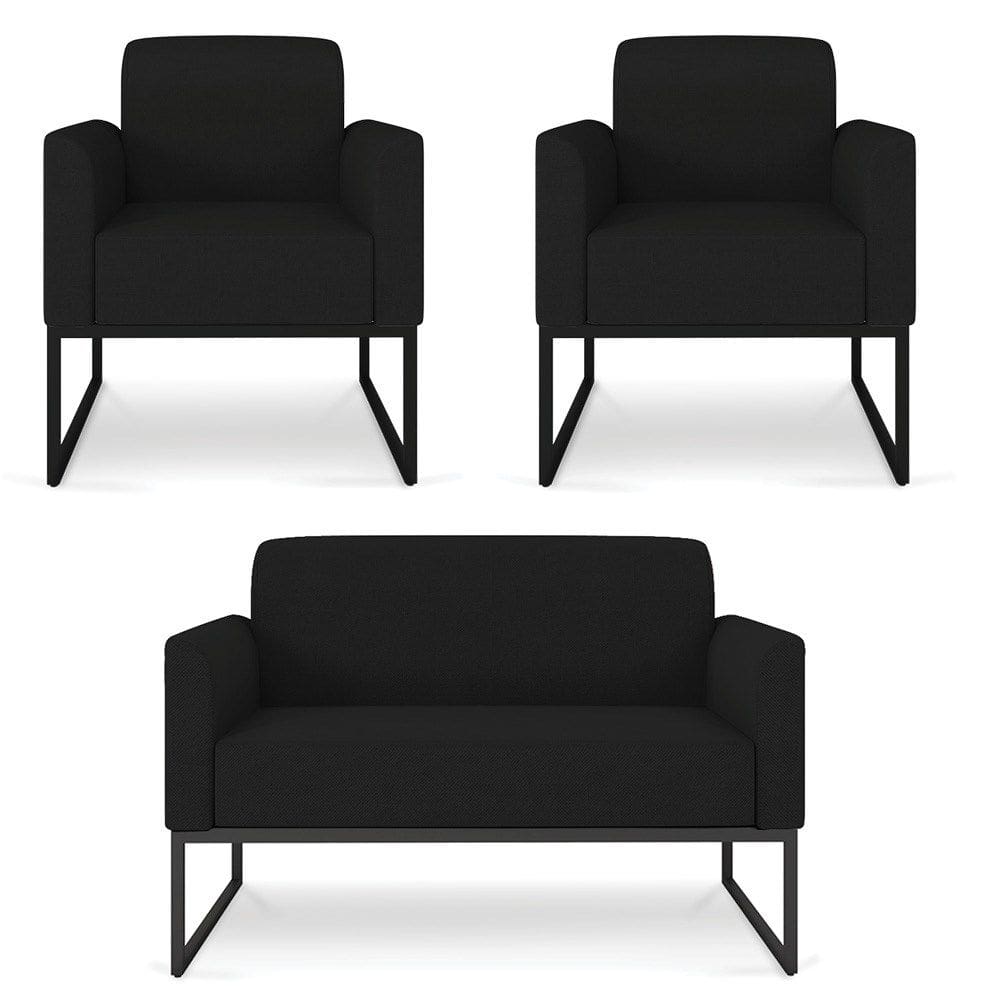 Kit Namoradeira e 2 Poltronas Decorativas Base Industrial Preta Maressa A79 Linho Preto - Ibiza