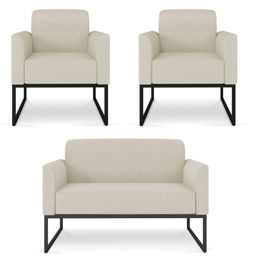 Kit Namoradeira e 2 Poltronas Decorativas Base Industrial Preta Maressa A19 Linho Grosso Bege - Ibiza