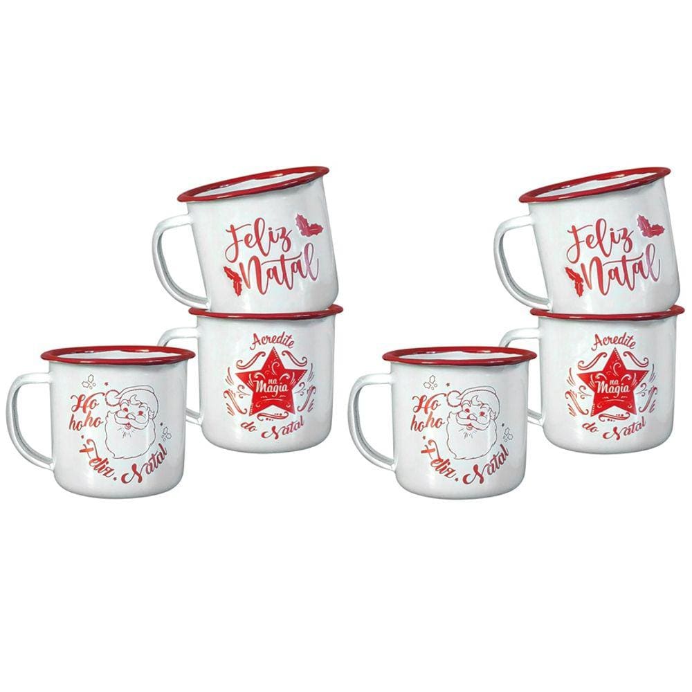 Jogo 6 Mini Canecas Esmaltadas Branco Estampa Decor Natal 150ml - Yangzi