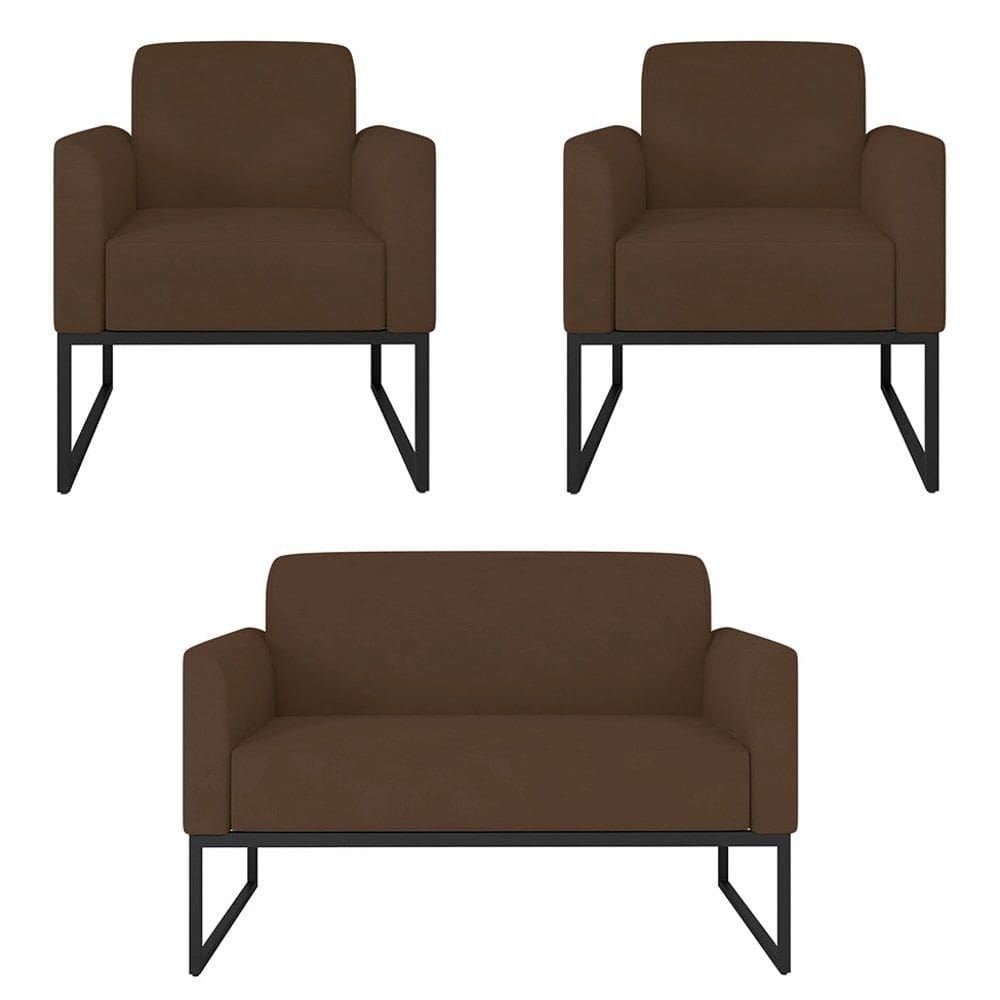 Kit Namoradeira e 2 Poltronas Decorativas Base Industrial Preta Maressa S06 Suede Marrom - Ibiza