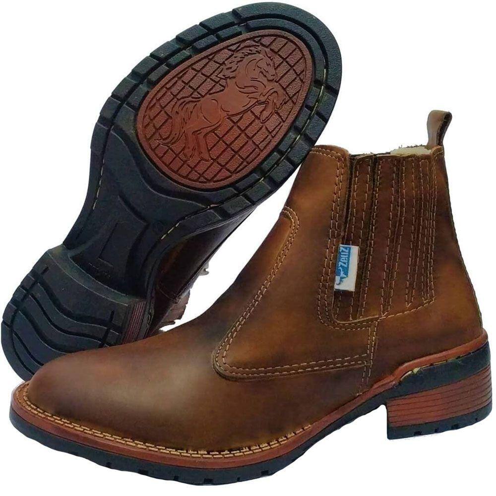 Botina Masculina Em Couro Bico Redondo Liso Telha 5