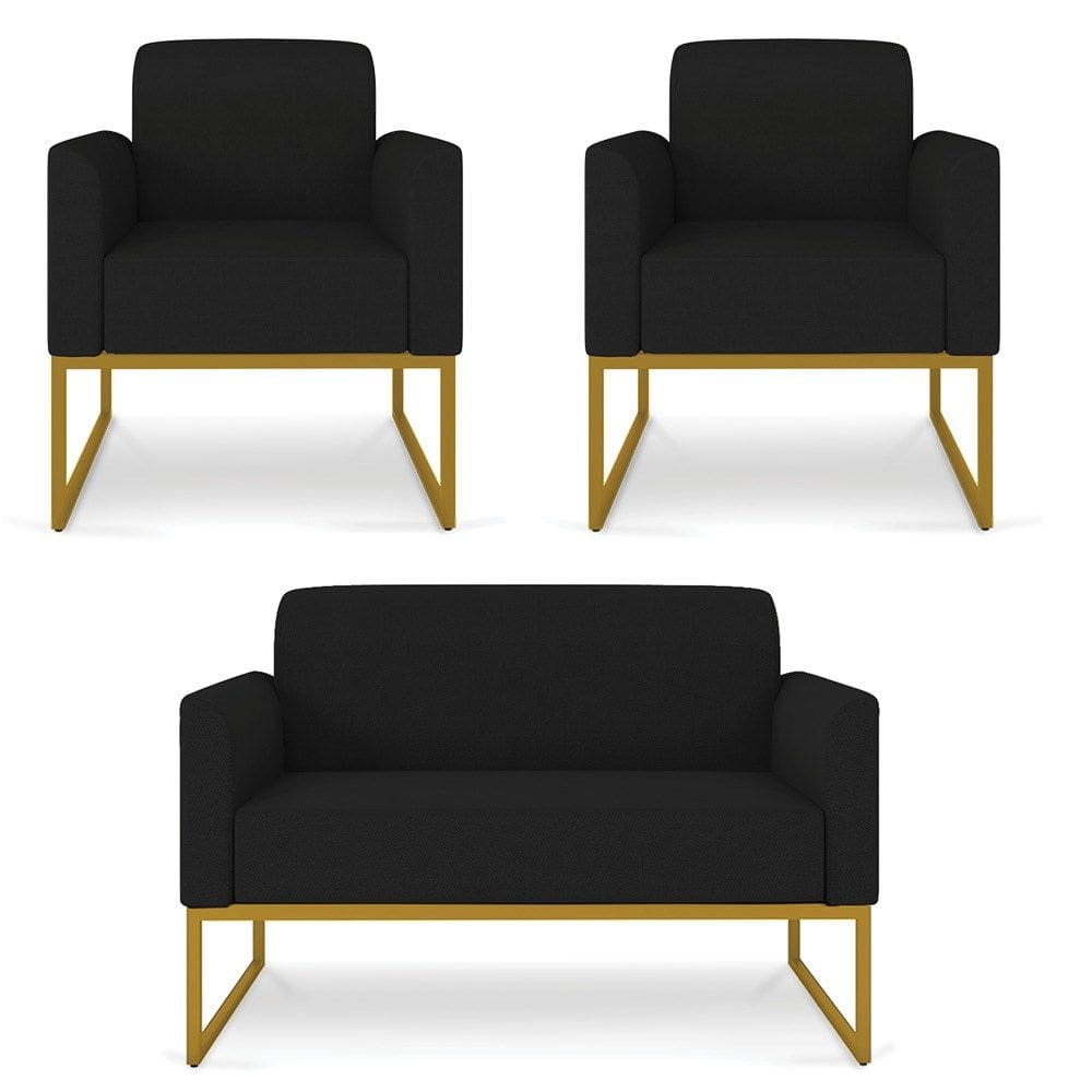 Kit Namoradeira e 2 Poltronas Decorativas Base Industrial Dourada Maressa A79 Linho Preto - Ibiza