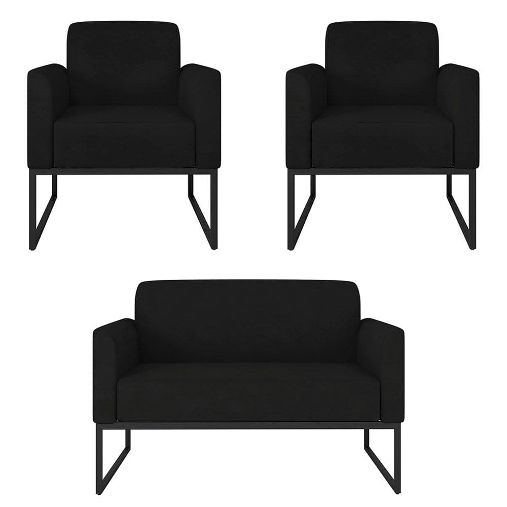 Kit Namoradeira e 2 Poltronas Decorativas Base Industrial Preta Maressa S07 Suede Preto - Ibiza