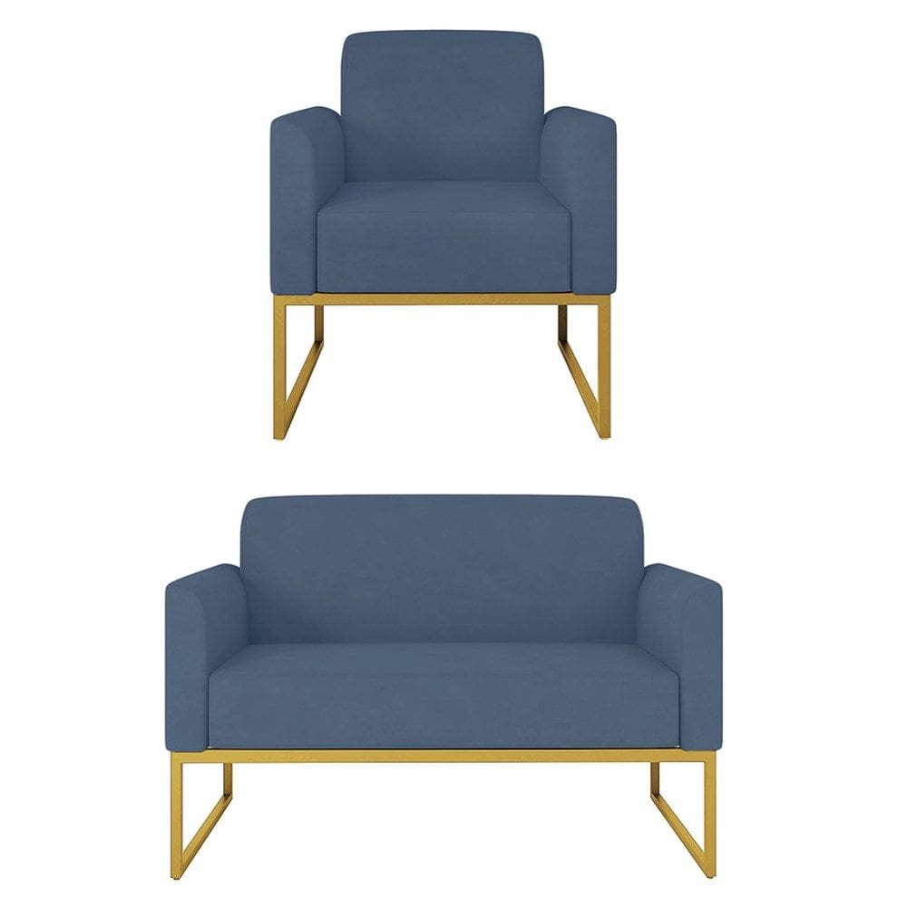 Kit Namoradeira e 1 Poltrona Decorativa Base Industrial Dourada Maressa S04 Suede Azul Marinho - Ibiza