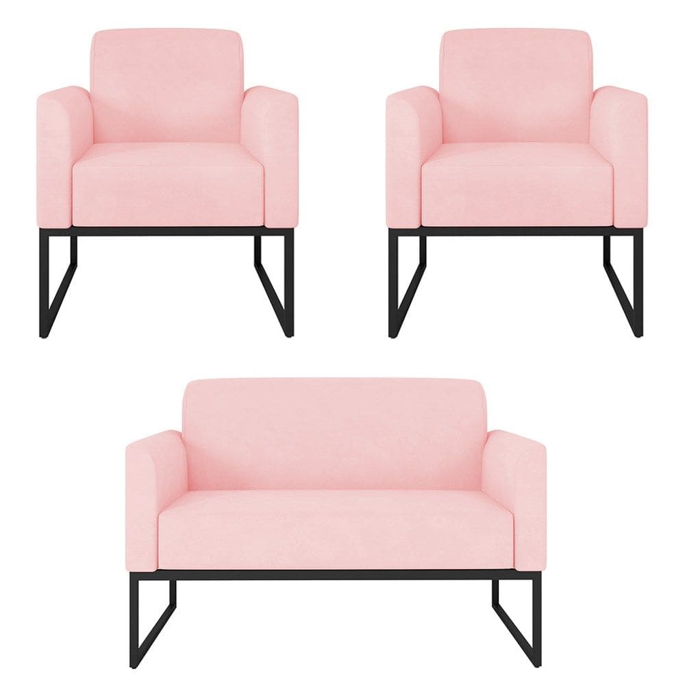 Kit Namoradeira e 2 Poltronas Decorativas Base Industrial Preta Maressa S19 Suede Rosa Bebê - Ibiza