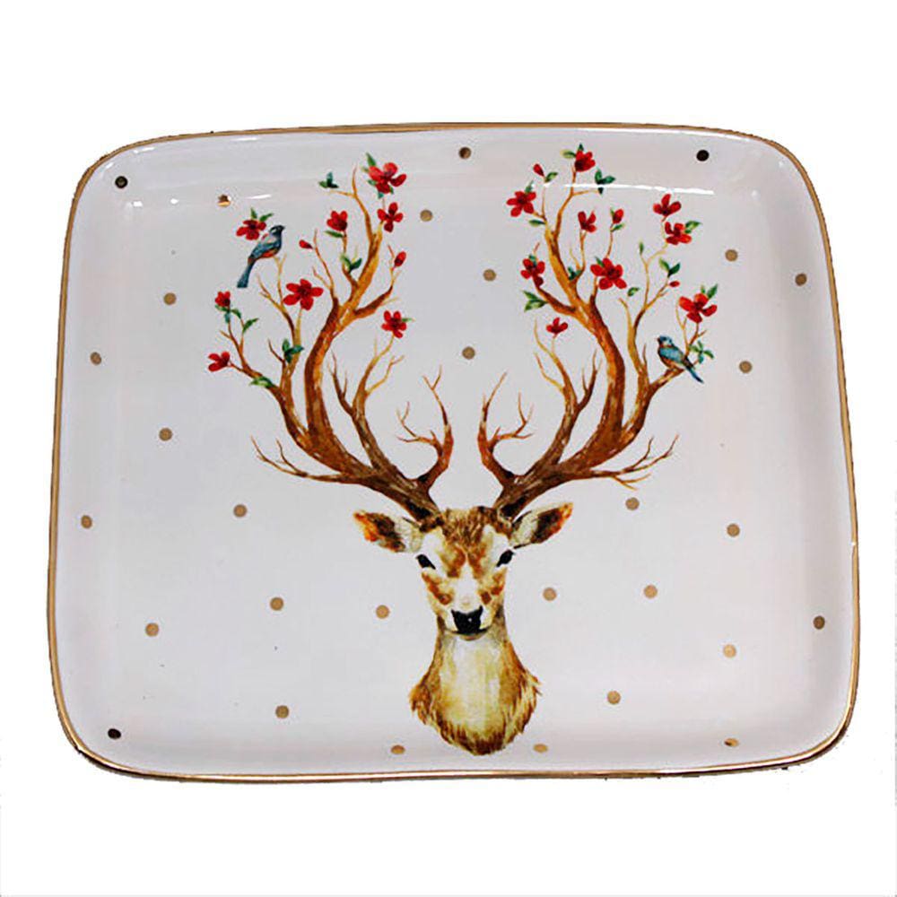 Travessa Retangular Cerâmica Gde.Rena Deer Borda Ouro 18,5 x 21,5 x 2cm