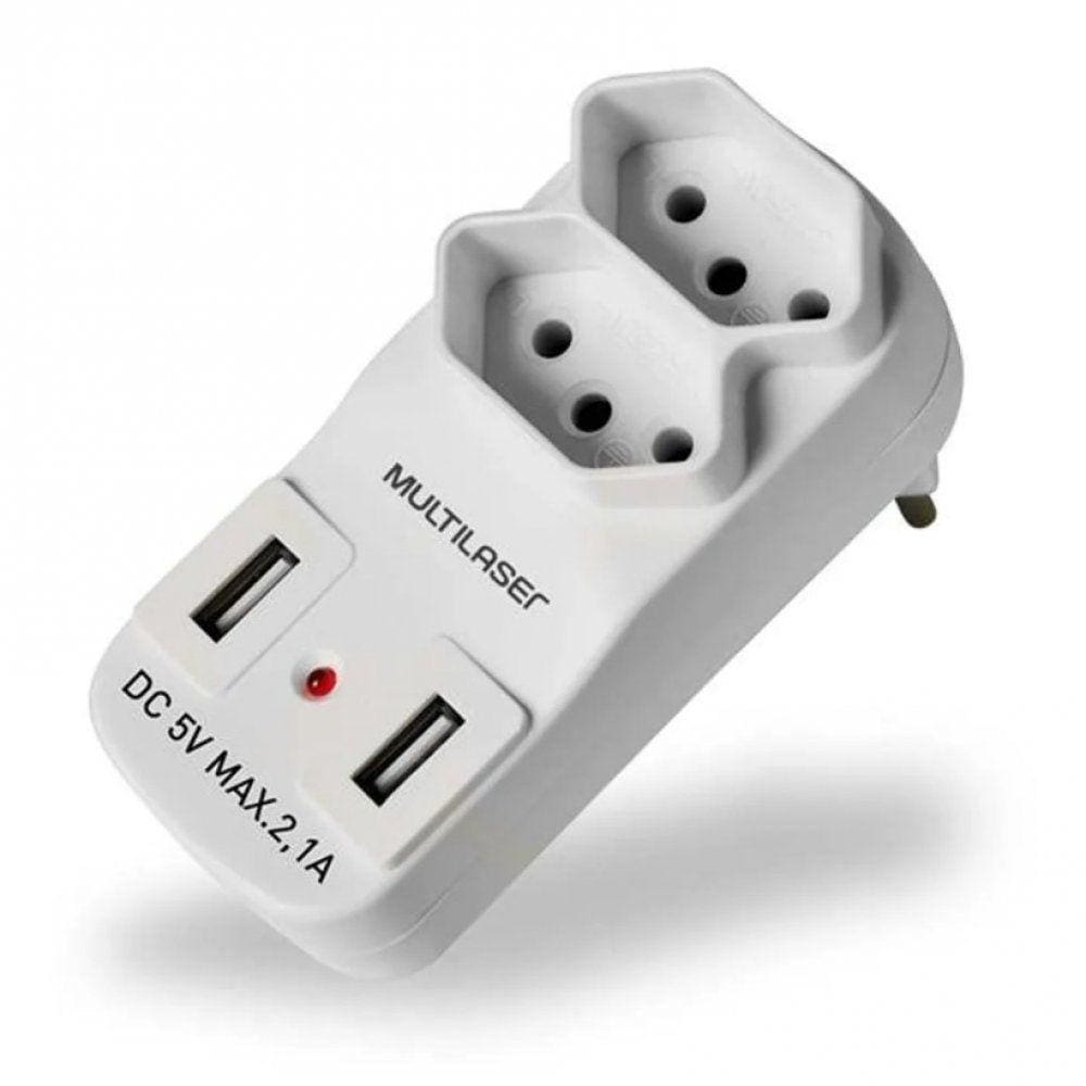 Adaptador 2 Saidas 2P+T Com 2 Portas Usb 2.1A WI331