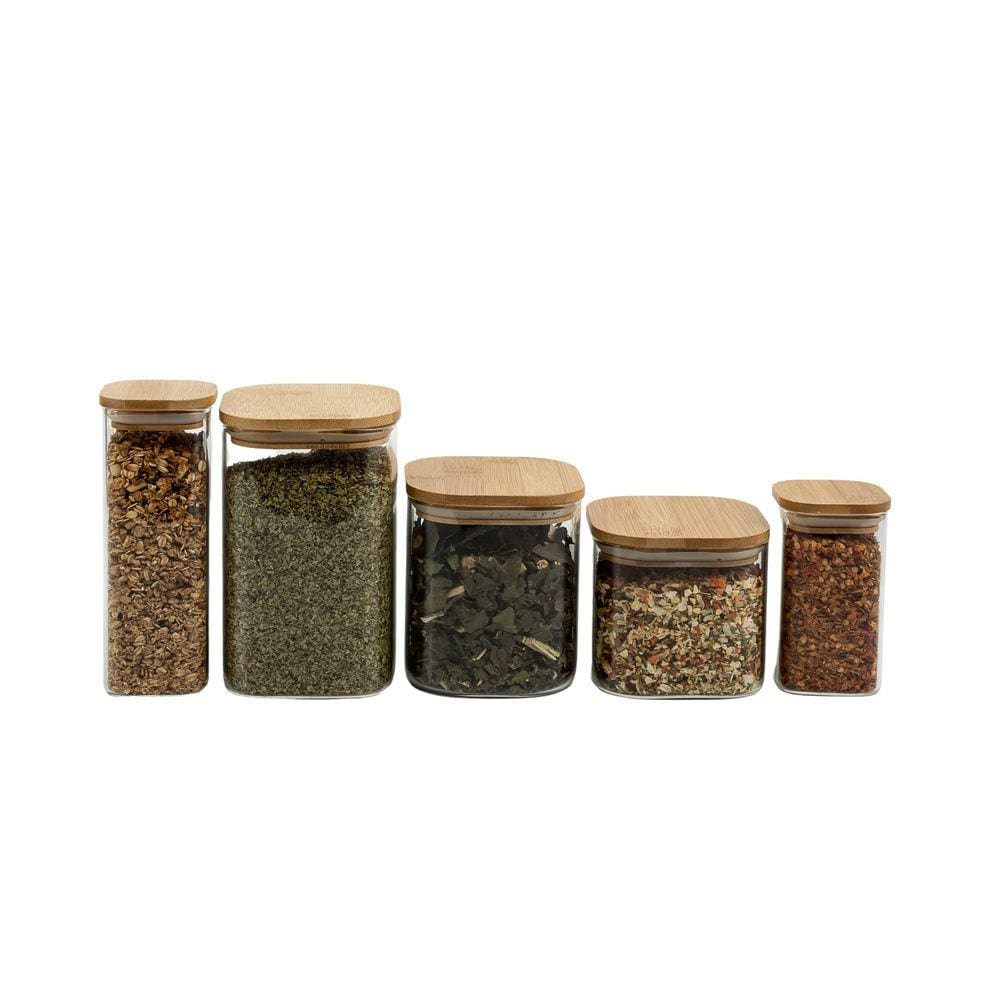Kit Pote Hermético De Vidro Quad Tampa De Bambu 5 Pçs Oikos