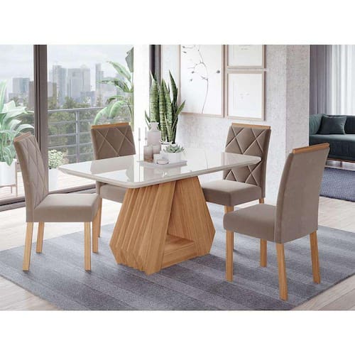 imagem-conjunto de mesa de jantar com tampo de vidro off white agata e 4 cadeiras fernanda suede joli e nature - Marrom