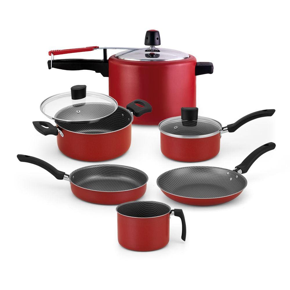 Conjunto panelas enjoy 6 pcs c/ tampa vidro e panela pressão 4,5l anti aderente vermelho