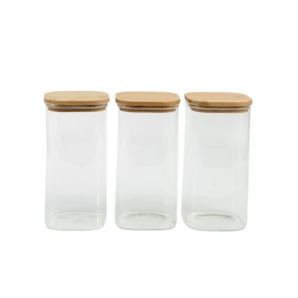 Kit Pote Hermético Vidro Quad Tampa De Bambu 3 Pçs Oikos