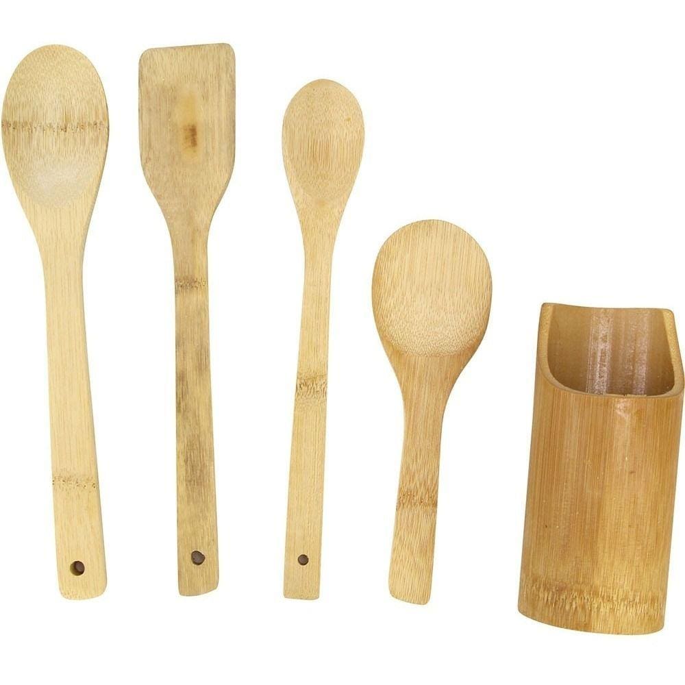 Kit Utensilio Cozinha Espátula Pegador Colher Suporte Bambu