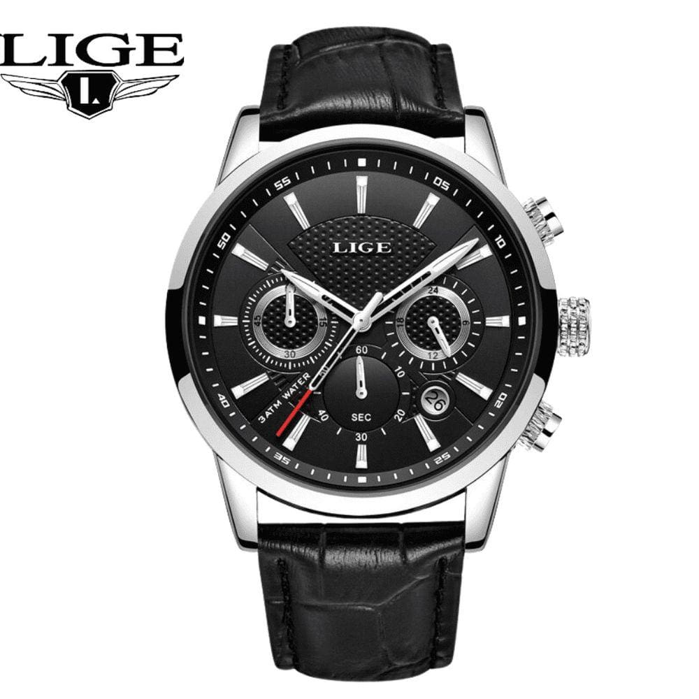 Relógio Masculino Lige 9866 Pulseira de Couro Funcional A Prova D`água