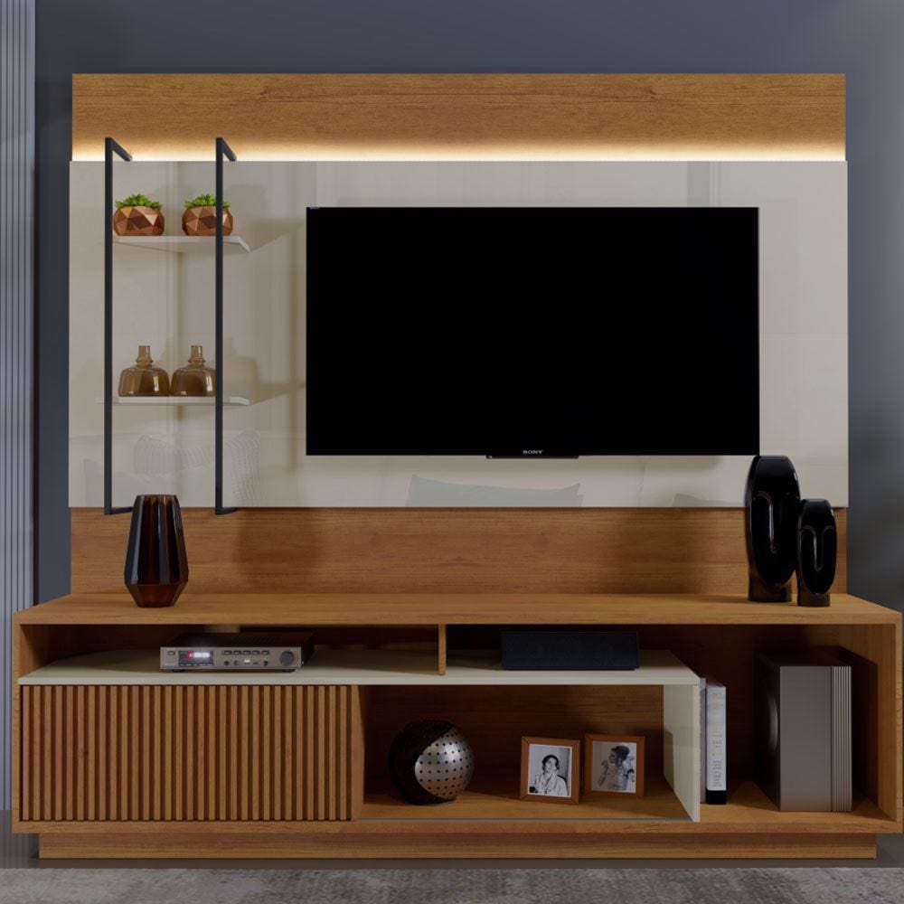Estante Home para TV até 65" 01 Porta 03 Nichos e 02 Prateleiras com LED Granada Naturalle/Off White