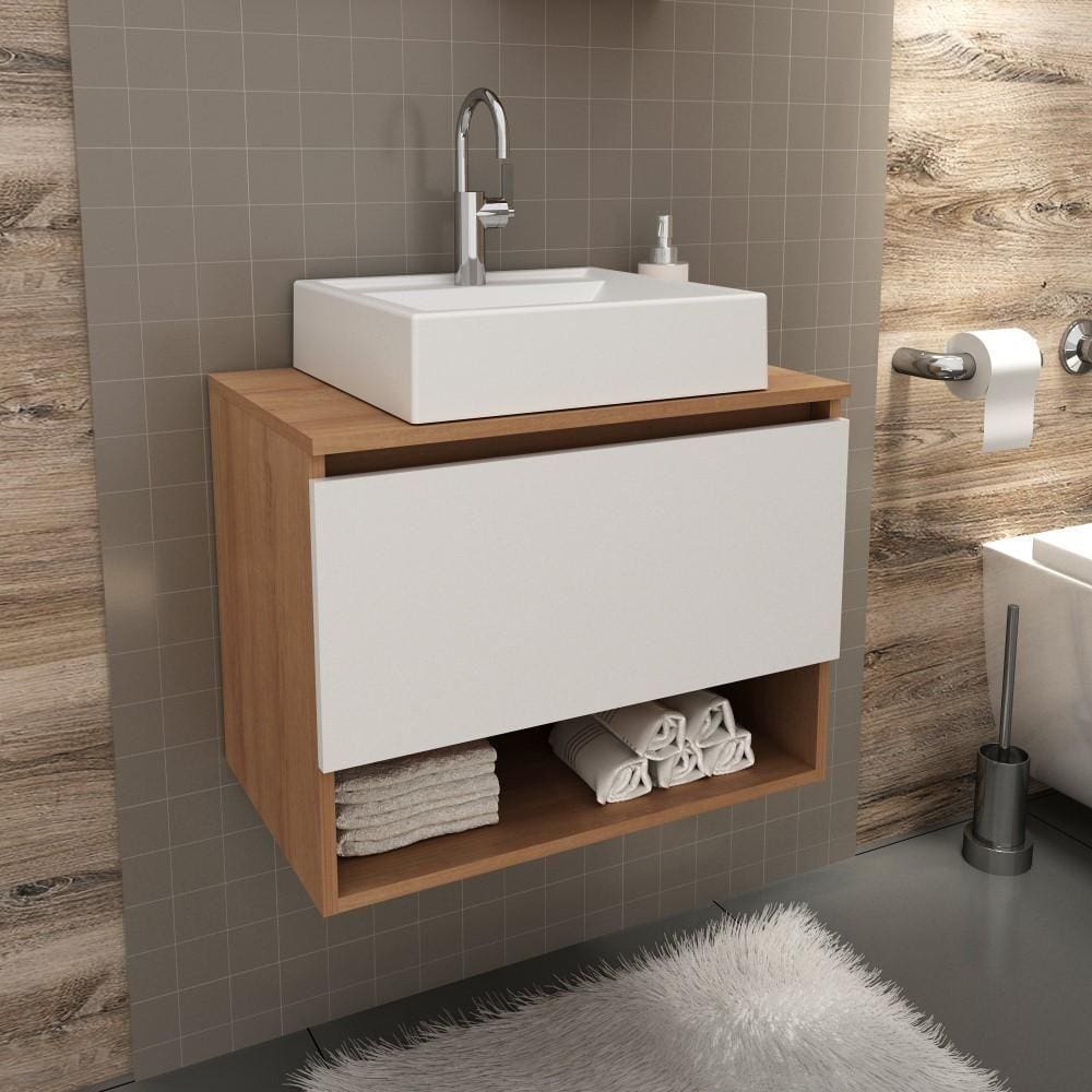 Balcão Gabinete Armário Suspenso 60 cm Sem Cuba 1 Porta 1 Nicho Banheiro Marrom Madeira e Branco