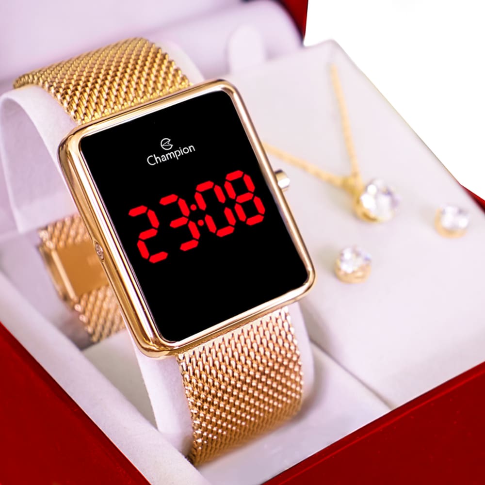 Relógio Champion Feminino Digital Quadrado Dourado CH40080V + Colar e Brincos