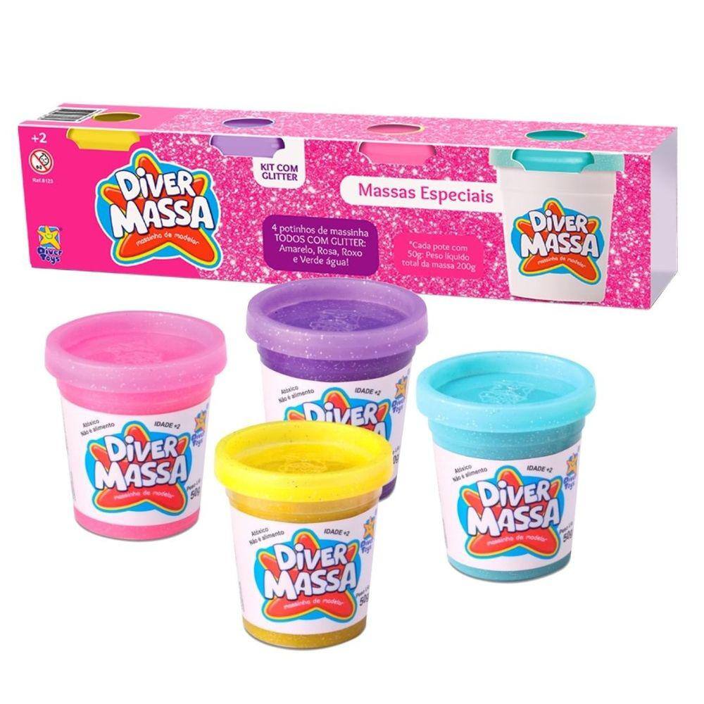 Combo 4 Potes Massinhas Especiais Com Glitter Modelar Presente 8123 Diver Toys