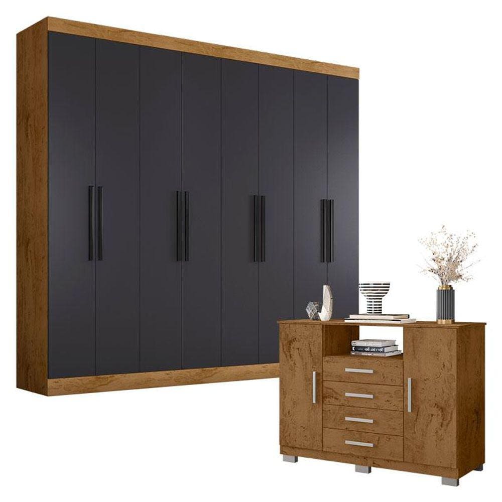 Guarda Roupa Casal 1684 e Cômoda 8020 Freijó Carbono - Araplac