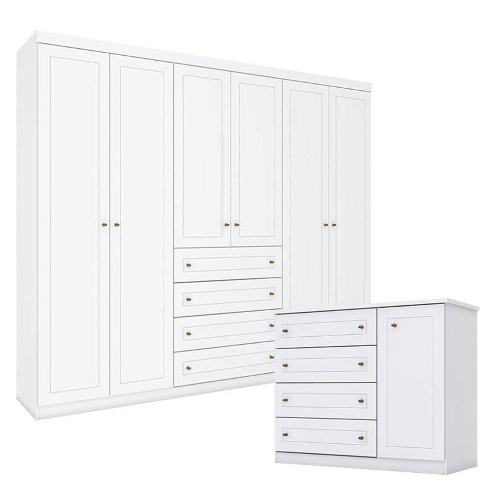 Cômoda e Guarda Roupa Casal 6 Portas Mississipi Branco HP - Henn