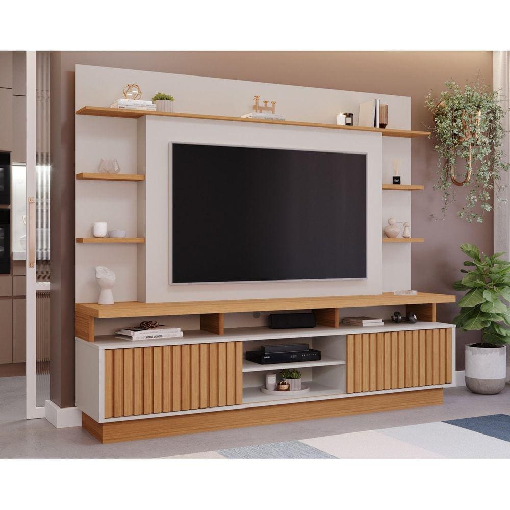 Estante Home para TV até 65 Polegadas 2 Portas 5 Prateleiras Ravena Yescasa Off White/Marrom